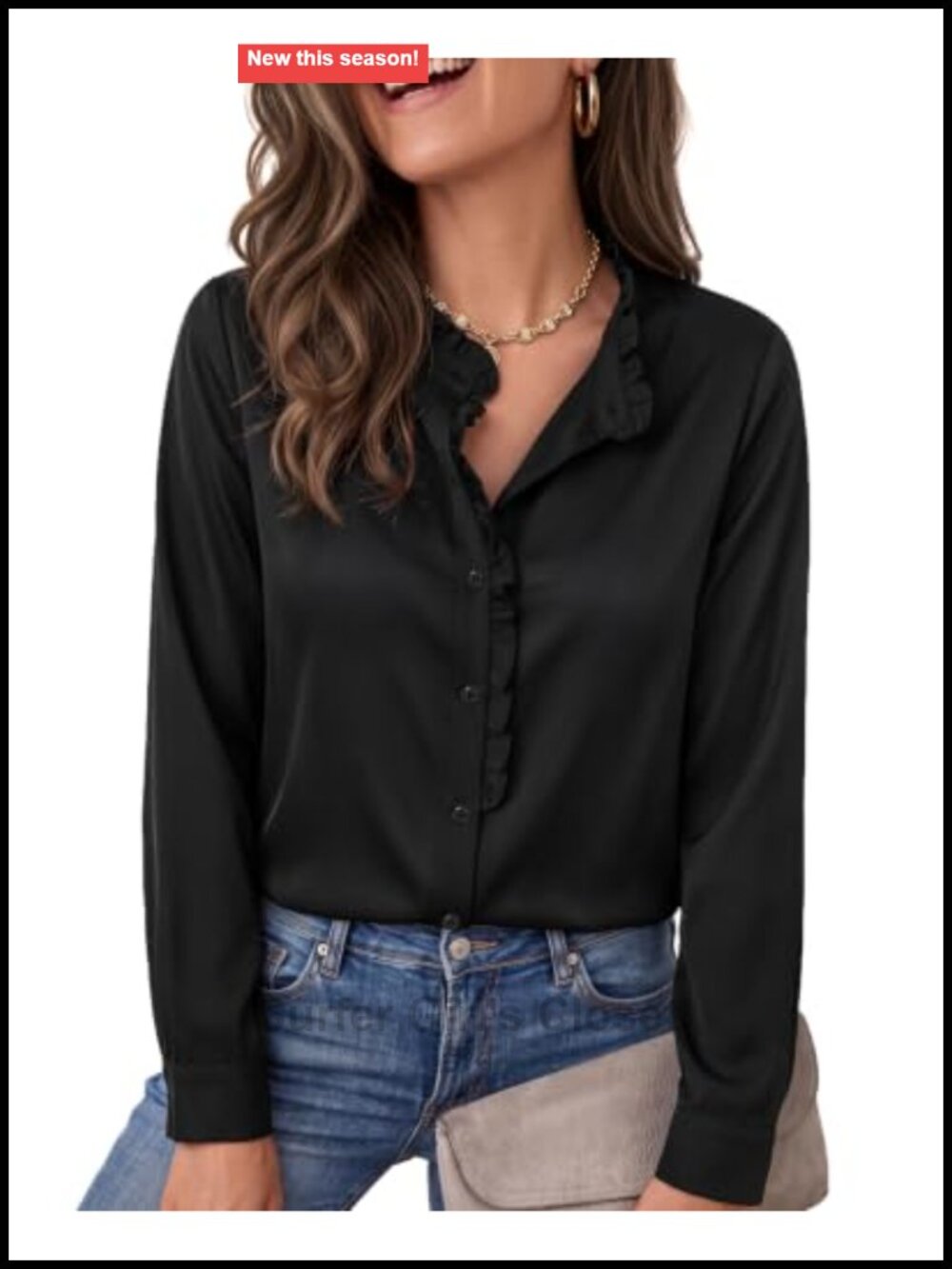 Women Ruffle Mandarin Collar Button Down Blouse Long Sleeve Stretch